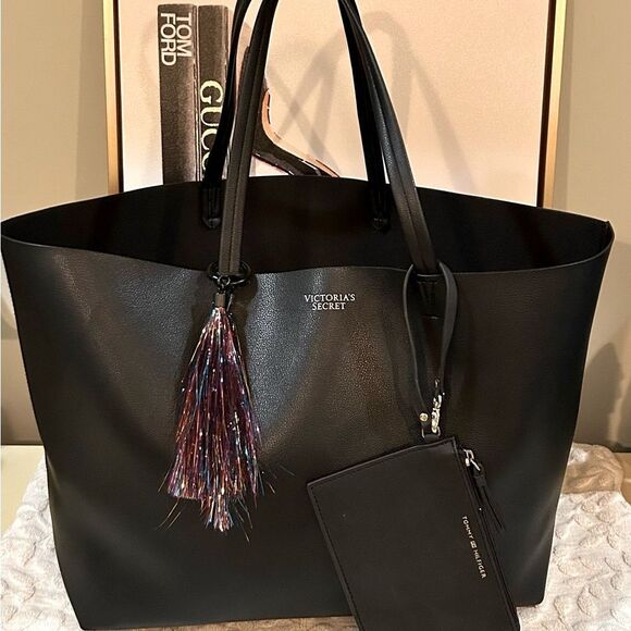Victoria's Secret Large Black Tote with wristlet Colorful Tassel - Picture 2 of 7